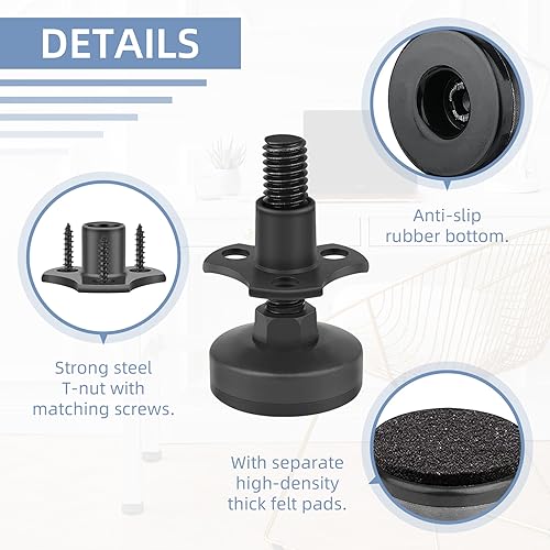 3/8''-16 Thread Adjustable Leveling Feet Furniture Levelers, Heavy Duty Leg Levelers Furniture Legs for Table/Cabinet/Chair/Sofa/Workbench-Large Base Supports 1980LBs, 6 Pack - color: 6 Pack
