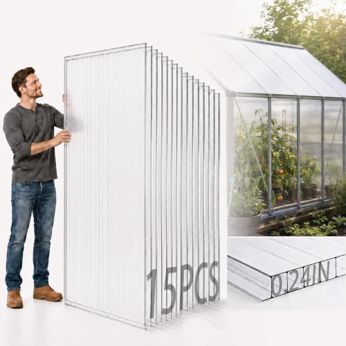 Sinimaka 15-Pack Polycarbonate Greenhouse Panels, 6 x 2 ft, 0.24 in 6mm Twin-Wall Sheets, UV-Coated Translucent Roof Replacement for Greenhouses and Cold Frames - style: 6' x 2' x 0.24" 15Pack