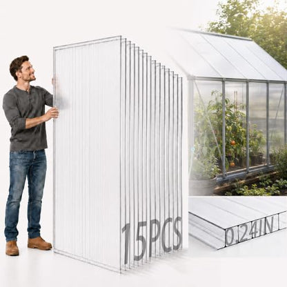 Sinimaka 15-Pack Polycarbonate Greenhouse Panels, 6 x 2 ft, 0.24 in 6mm Twin-Wall Sheets, UV-Coated Translucent Roof Replacement for Greenhouses and Cold Frames - style: 6' x 2' x 0.24" 15Pack