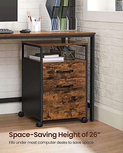 VASAGLE 2 Drawer File Cabinet, Rolling Printer Stand - color: Rustic Brown + Ink Black, size: with Open Shelf