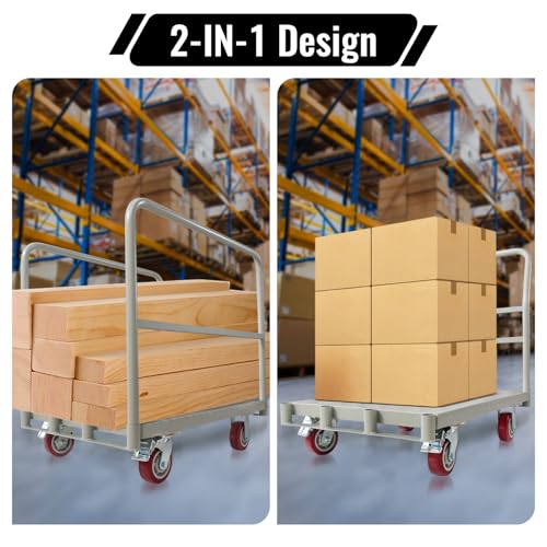 2-in-1 Steel Panel Truck Cart 2200 lbs Capacity, Heavy Duty Platform Truck Carts with 4 Side Handrails and 4 Swivel Casters, Flatbed Carts Lumber Drywall Cart for Handling and Storage, Grey