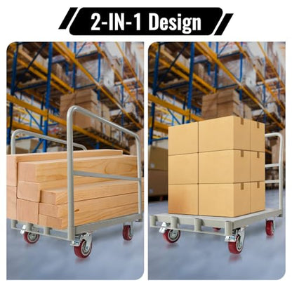 2-in-1 Steel Panel Truck Cart 2200 lbs Capacity, Heavy Duty Platform Truck Carts with 4 Side Handrails and 4 Swivel Casters, Flatbed Carts Lumber Drywall Cart for Handling and Storage, Grey