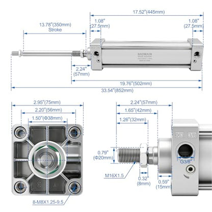 BAOMAIN Pneumatic Air Cylinder 2-1/2" Bore 13.78" Stroke SC63x350
