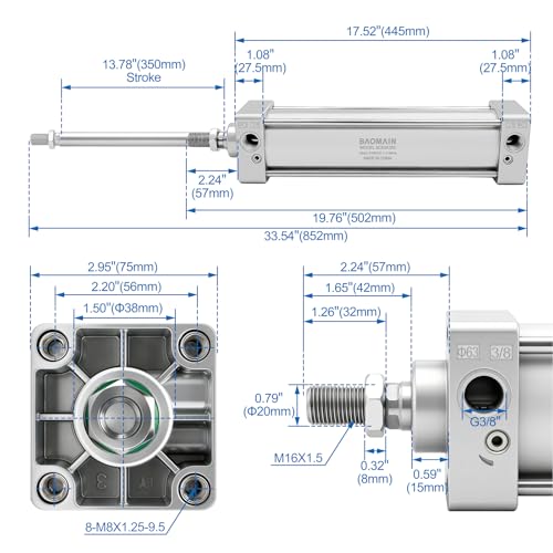 BAOMAIN Pneumatic Air Cylinder 2-1/2" Bore 13.78" Stroke SC63x350