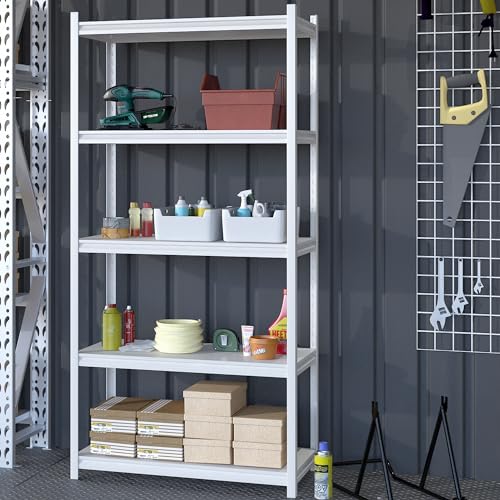 5 Tier Metal Storage Shelves Adjustable Garage Shelving, Heavy Duty Industrial Utility Rack Organization for Kitchen, Pantry, Closet, Garage, Office (White) - color: White-S 5 Tier