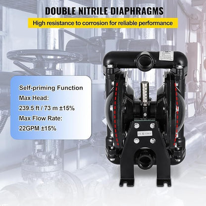 VEVOR Air-Operated Double Diaphragm Pump 1 inch Inlet Outlet Aluminum 22 GPM Max 100PSI, Nitrile Diaphragm, QBY4-25L-1inch-22 - size: 22GPM
