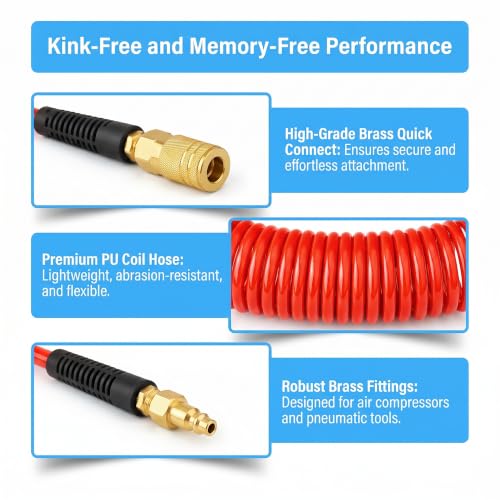 2PCS Polyurethane Recoil Air Hose, 1/4" ID by 10FT, Red - color: Red, size: 1/4" ID x 10FT
