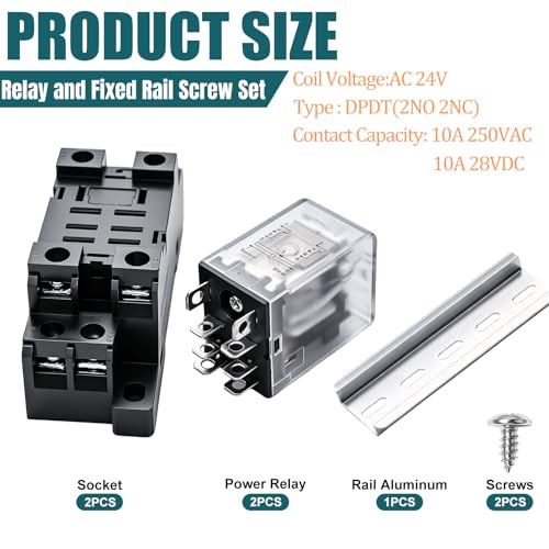 mxuteuk 2pcs JQX-13FL AC 24V Coil 8 Pin 10A DPDT LED Indicator Electromagnetic Power Relay, with Base, with DIN Rail Slotted Aluminum - color: Black-8Pin-10A&Base, size: AC 24V