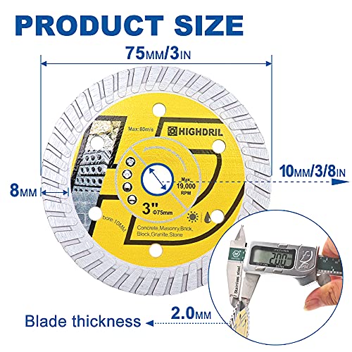 HIGHDRIL 3PCS 3in/75mm Diamond Saw Blade for Granite,Concrete,Ceramic,Porcelain - size: Concrete saw blade