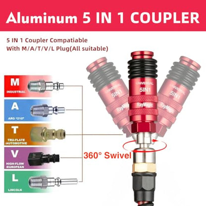 RayMagic Upgraded 5IN1 Universal Quick Industrial Connect Coupler, 1/4" Female NPT, Air Hose Fittings, 6-Balls Release Sleeve, 1/4" Body Size, Red(1-Piece) - style: 1-PIECE