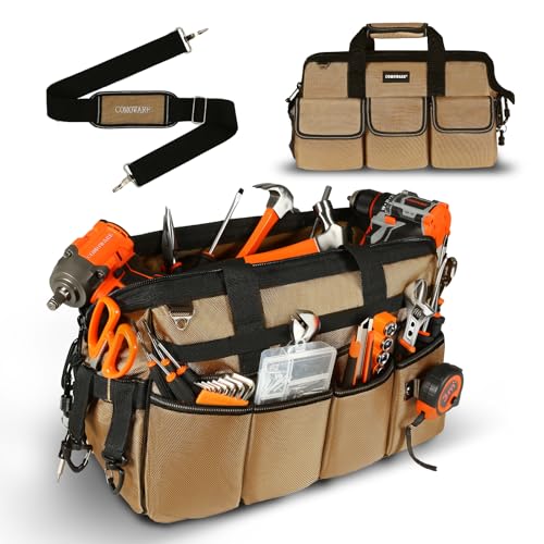 COMOWARE 19-Pocket Tool Bag, Gift for Dad, 16“ Heavy Duty Tool Organizer with Adjustable 51.2" Shoulder Strap, 1680D Oxford Fabric & PVC Coating, Reflective Strips, Tactical Loops, Mechanics - color: Khaki