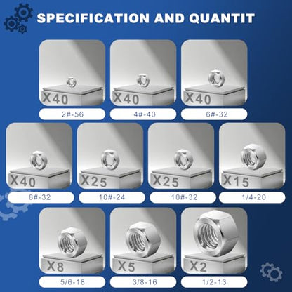 240pcs SAE Hex Nuts Assortment Kit, 4#-40 6#-32 8#-32 10#-24 10#-32 1/4"-20 5/16"-18 3/8"-16 1/2"-13, 304 Stainless Steel 18-8, Hex Hexagonal Nuts, External Hex Nut Set - size: SAE Kit: 2#-56 to 1/2-13