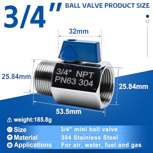 2 Pack 3/4" Mini Ball Valve, 304 Stainless Steel Shut-Off Valve NPT Female x Male Thread Small Valves for Compact Space (2, 3/4 Inch) - color: 3/4 Inch