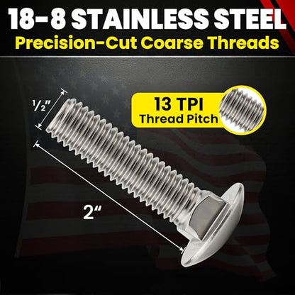 Chenango Supply 1/2-13 x 2 Stainless Carriage Bolts - size: 1/2-13 x 2"