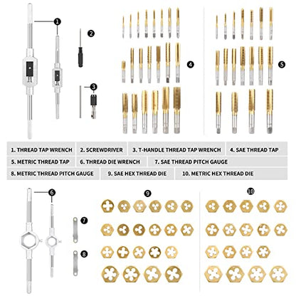 Die and Tap Set in SAE and Metric, Hex Threading Dies for External Threads, Thread Tap for Internal Threads, Thread Wrench, Thread Pitch Gauge, 86 Pieces Gauge Kit for DIY Tapered