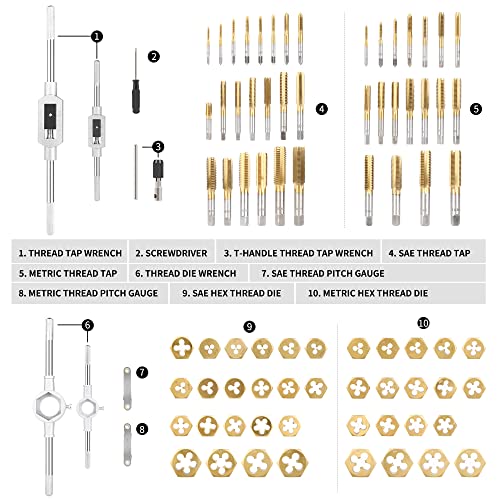 Die and Tap Set in SAE and Metric, Hex Threading Dies for External Threads, Thread Tap for Internal Threads, Thread Wrench, Thread Pitch Gauge, 86 Pieces Gauge Kit for DIY Tapered