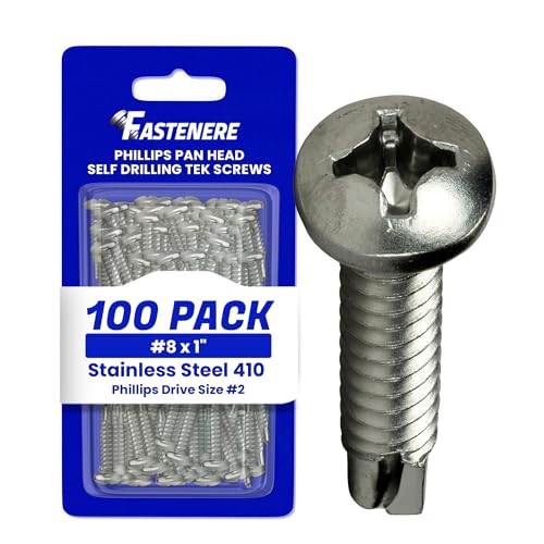 Fastenere Pan Head Self Drilling Tek Screws - #8 x 1 (100 Pack) Stainless Steel 410, Full Thread, Bright Plain Finish, Corrosion-Resistant, Self-Drilling, Easy to Install w/Phillips Drive Size #2 - size: #8 x 1" (100 Pack)