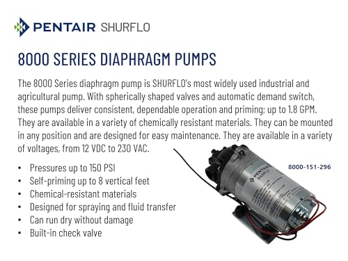 PENTAIR SHURFLO 8000-151-296 Self-Priming Diaphragm Pump, 24V DC 1.0 GPM 60 PSI Automatic Demand Switch, 3/8 in FNPT Ports, Chemical-Resistant, Agricultural and Industrial Fluid Transfer Pump