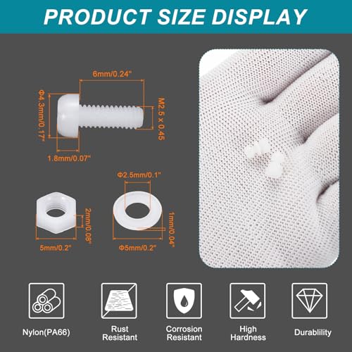 MECCANIXITY 30 Set M2.5x6mm Nylon PA66 Plastic Cross Round Head Screw Phillips Bolts Hex Nuts Flat Washers Assortment Kit, Metric Full Thread Bolt Fasteners for DIY Machine Assembly, White - color: White, size: M2.5x6mm