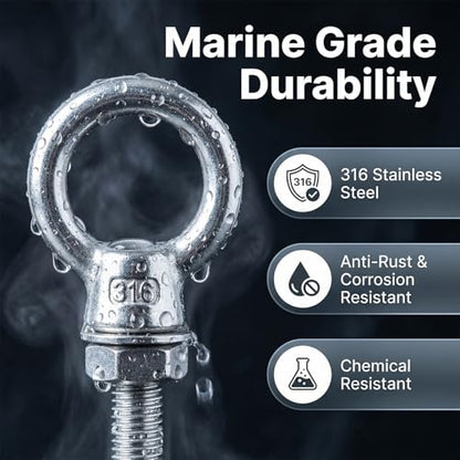 Heavy Duty 316 Stainless Steel Shoulder Eye Bolts 4 Pack, Marine Grade Threaded Eyebolts with Nuts and Washers for Lifting and Hanging (3/8“ x 4" (M10X100mm)) - size: 3/8“ x 4" (M10X100mm)