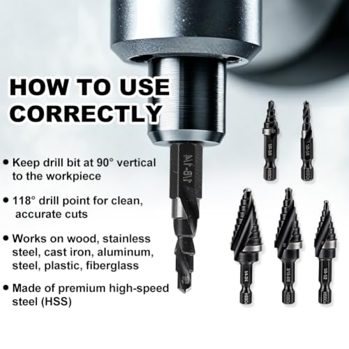 5 PCS HSS 2 Spiral Flute Step Drill Bits 1/8"-3/4" - size: 1/8"-3/4"