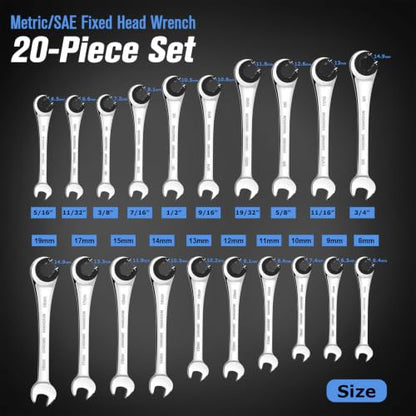 LOSCHEN Metric and SAE 20PCS Ratcheting Combination Wrench Set, Spanner Set with Open End, CR-V Steel Ratcheting Tubing Wrench Set with 72-Tooth Gear