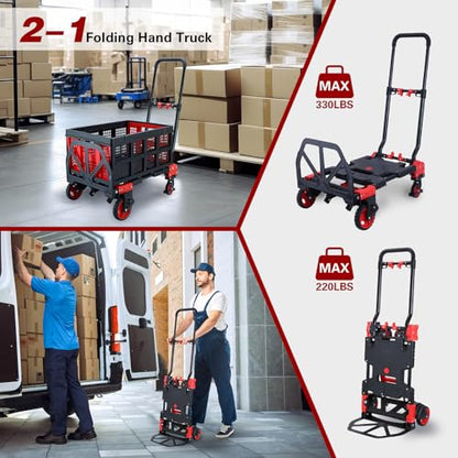 2 in 1 Folding Hand Truck Dolly with Basket,330LB Hand Cart Foldable - color: A-red
