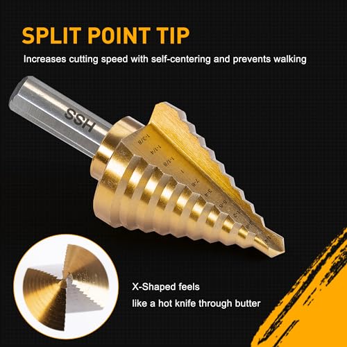 Step Drill Bit Set, 6 Pcs Titanium High Speed Steel Step Drill Bits with Extra Automotive Center Punch for Metal, Wood & Plastic, with Aluminum Case, 50 Sizes - style: 6PC