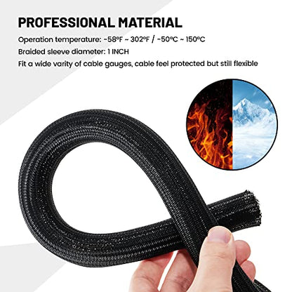 RED WOLF Braided Wire Cable Sleeve Split Wiring Sleeving 10 Feet - 1/2" Flexible Self-Wrap for Automotive Computer Cable Cord Management Cover Protector, Anti-Scratch High-Temperature Black - size: 1/2" x 10FT