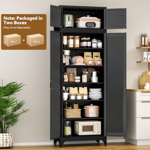 Polup 90" Tall Metal Kitchen Pantry Storage Cabinet with Doors and Shelves - color: Black, size: 90"H - Louvered Door