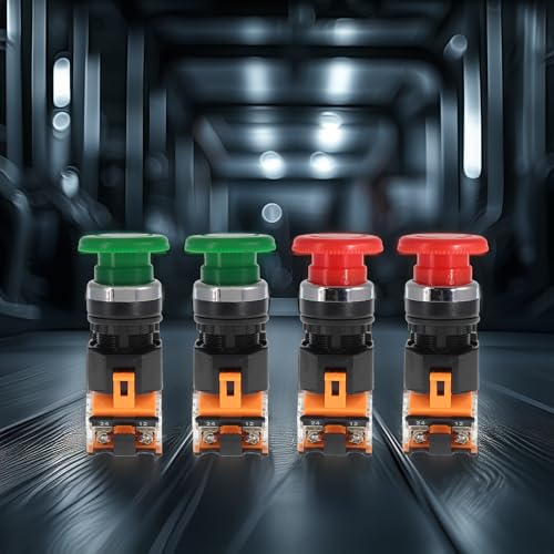 Emergency Push Button Switch, Green&Red Mushroom Head, for Home or Industrial Equipment, Operating Rooms, Distribution Boxes, NO NC, 22mm, Stay-Put (4 Pack, 2 Green & 2 red) - size: 2 Green + 2 Red, style: Stay-put