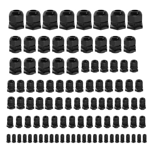 Cable Glands 100 pcs Cable Gland Waterproof joints, Adjustable Black 3-25mm Waterproof Cable Connectors PG7 PG9 PG11 PG13.5 PG21 PG29 Plastic 4 cable glands and Gaskets in PP Box