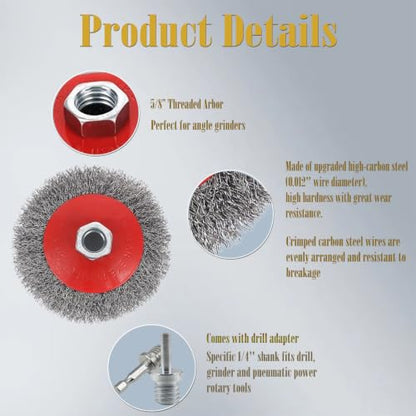4 Pcs 4" Coarse Crimped Wire Wheel for 4-1/2" Angle Grinder, 0.014 Inch Carbon Steel Wire Brush for Rust, Corrosion, Paint Removal, Fits 5/8"-11 UNC Arbor(with 2 Pcs 1/4" Shank Drill Adapter) - style: 4" Coarse Crimped Wire Wheel