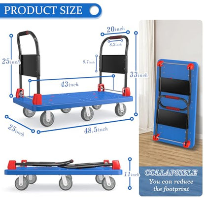 2200 lb Heavy Duty Platform Truck with Dual Handrails & 6 Rubber Wheels - color: Blue-50" Lx27 W