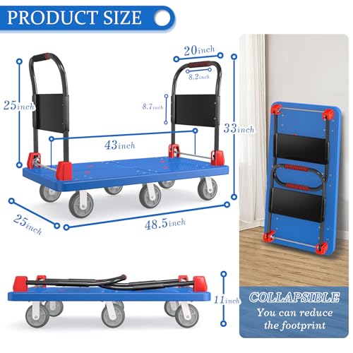 2200 lb Heavy Duty Platform Truck with Dual Handrails & 6 Rubber Wheels - color: Blue-50" Lx27 W