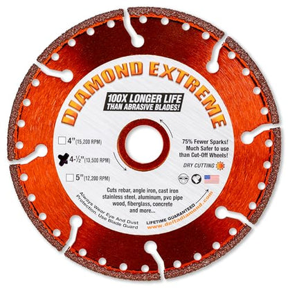 Diamond Extreme 4-1/2 Inch Metal Cutting Diamond Blade, Heavy-Duty Vacuum-Brazed Cut Off Wheel, 7/8"-5/8" Arbor for Rebar, Steel, Stainless Steel, Angle Iron & Sheet Metal (4.5") - size: 4-1/2 Inch