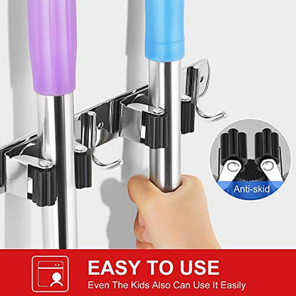 IMILLET 2 Pack Broom Holder Wall Mount Stainless Steel Mop Organizer - color: Stainless Steel - 3 Racks with 4 Hooks, size: 2 Pack
