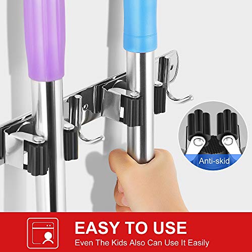 IMILLET Broom Holder Wall Mount Stainless Steel Mop Organizer - color: Stainless Steel - 3 Racks with 4 Hooks, size: 1 Pack