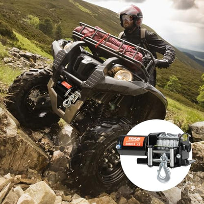 VEVOR ATV Winch, 3000 lb Electric Winch, 12V Small ATV UTV Winch with 3/16 in x 39 ft Steel Cable Roller Fairlead Wired Remote Control, IP55 Waterproof for Towing UTV ATV Car Vehicle Off-Road - size: 3000 LBS