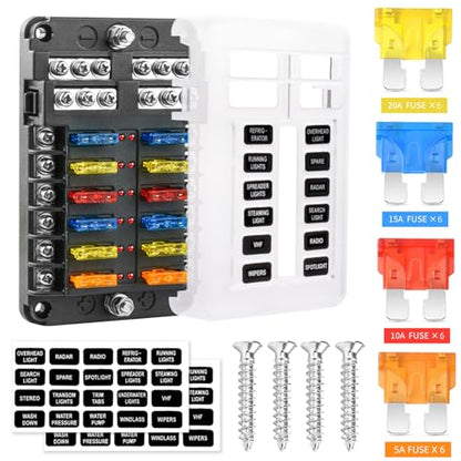 12 Way 12V Fuse Box Blade, 12Volt Fuse Block with LED Indicator Waterproof Cover - 12-Way Individual Positive Fuse Holder with Ground Bus Holder for 12V/24V AutoTruck Boat Marine RV Van Vehicle - color: 12 Way