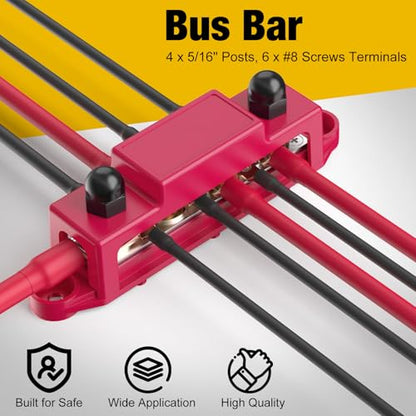 Bus Bar 4 x 5/16" Power Distribution Block 48V 250A 6 x #8 Screws Marine Bus Bar for Automotive RV, Solar Wiring and Boat(Black+Red) - size: 4 x 5/16"