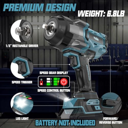 Cordless Impact Wrench 1/2" Compatible with Makita 18V Battery, 1600Ft-lbs(2200N.m) High Torque Impact Gun Heavy Duty, Brushless Electric Power Impact Driver with 4 Speed Modes & LED Work Light - size: 1/2" 2200NM Compatible with Makita