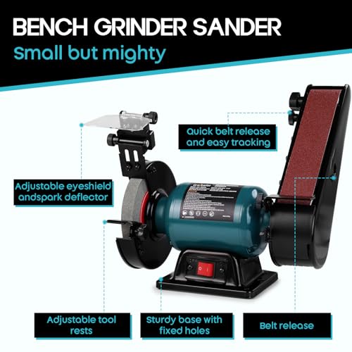 6-Inch Bench Grinder & 2x27 Belt Sander Combo, 2.5A Induction Motor Bench Tool for Sharpening, Knife Work, Wood Projects and Metal Finishing