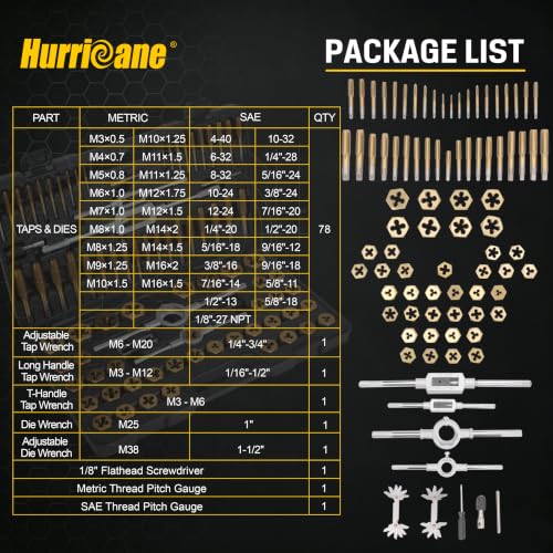 HURRICANE 86-Piece SAE & METRIC TAP & DIE SET, GCr15 Steel Threading Tool Kit with 78 Taps & Dies, M3–M16 & 4-40 to 5/8"-18, 1/8"-27 NPT, Complete Thread Repair Kits for Automotive & Workshop - size: 86 Pcs Metric & SAE