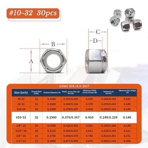 #10-32 Nylon Insert Lock Nuts 30pcs SAE 304 Stainless Steel Nylon Locknuts Hex Lock Nuts Reusable Anti-Loose Corrosion-Resistant for DIY Home Automotive Industrial - size: 10#32 30pcs