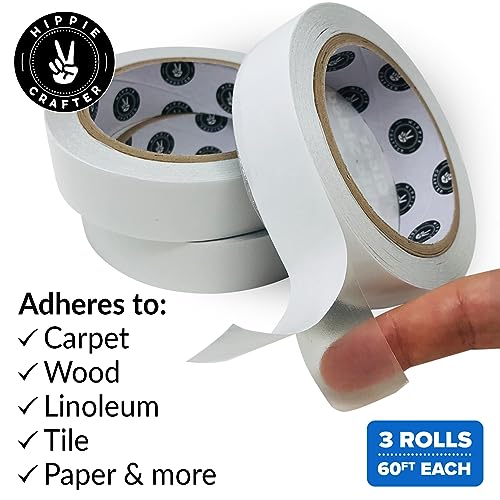 HIPPIE CRAFTER Clear Double Sided Tape, 1 Inch Wide Heavy-Duty Adhesive, Removable Mounting Tape for Posters, Carpets, Wall-Safe Use, 3 Pack, 60 Feet Each, 180ft Total - color: Clear Double Sided Tape