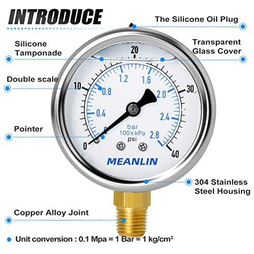 MEANLIN MEASURE 0~40Psi Stainless Steel 1/4" NPT 2.5" FACE DIAL Liquid Filled Pressure Gauge WOG Water Oil Air Lower Mount, with 1/2" NPT and 3/8" NPT Hex Bushing - size: 0-40Psi