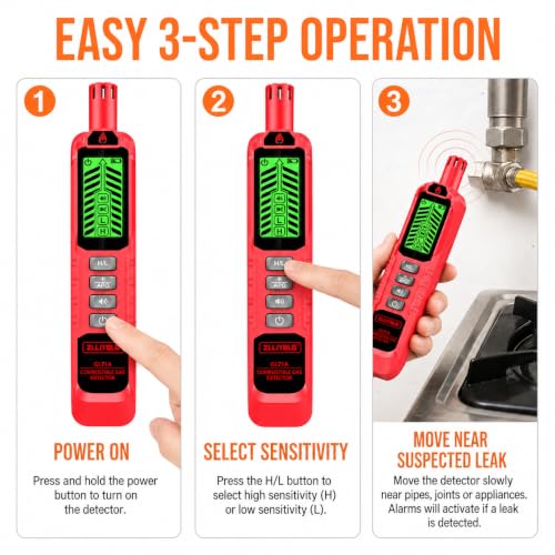 GL71A Gas Leak Detector, Portable Combustible Natural Gas Sniffer with Audible Visual Alarm, Locate Methane Propane Butane Gas Leaks for Home RV Pipeline Safety, Red