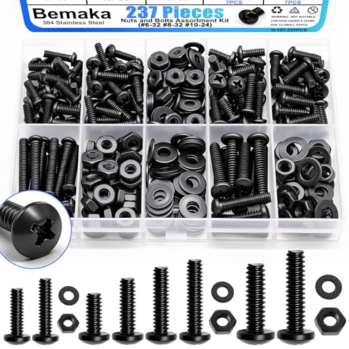 237PCS Machine Screws Nuts and Bolts Assortment Kit, 304 Stainless Steel Bolts 8 Sizes #6-32#8-32#10-24 Phillips Pan Head Hardware Screws Assortment Kit, Assorted Bolts, Nuts and Washers Kit - color: BK-#6 #8 #10
