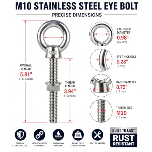 2-Pack 3/8" x 4" Heavy Duty Stainless Steel Eye Bolts with Nuts & Washers - Lifting Eye Screw